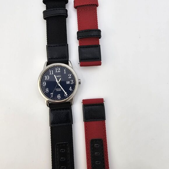 Timex Men's Easy Reader Watch 38MM Blue Dial New Red Black Canvas Bands Battery - Picture 1 of 16